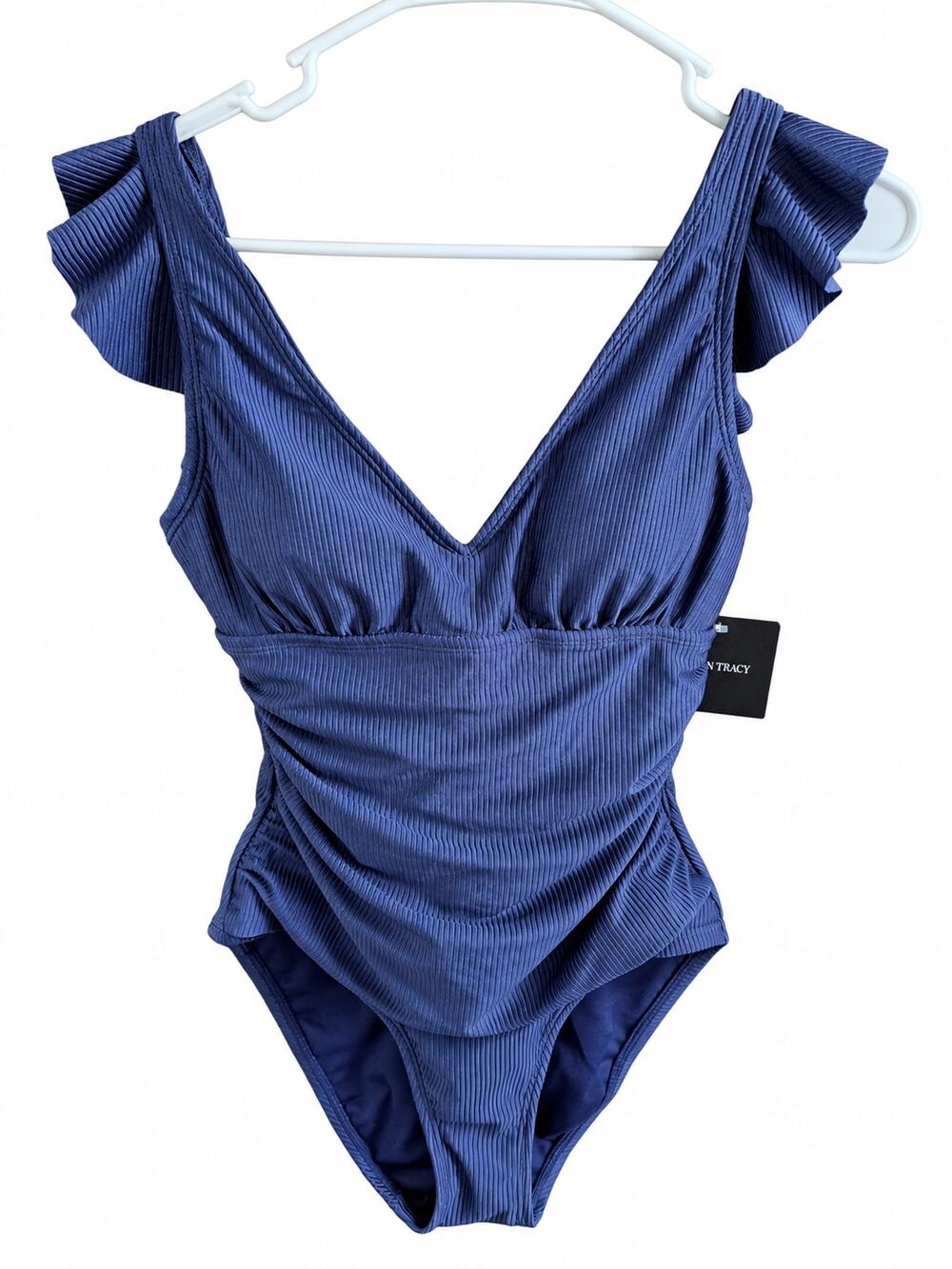 Ellen Tracy Blue Ribbed Ruffle Shoulder Ruched One Piece Swimsuit Size 8 NWT